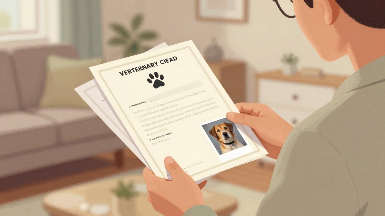 Tenant presenting pet documents to landlord in living room