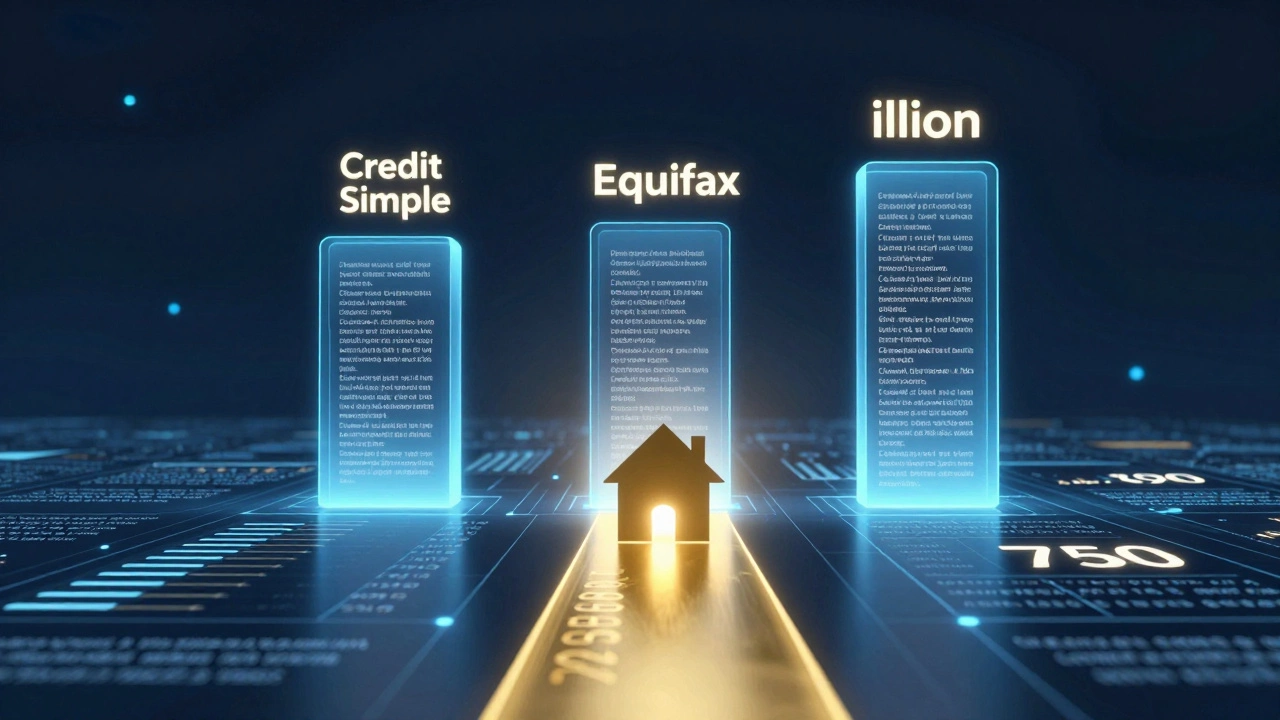 Three digital pillars representing credit agencies with a path from low to high credit score leading to a home.