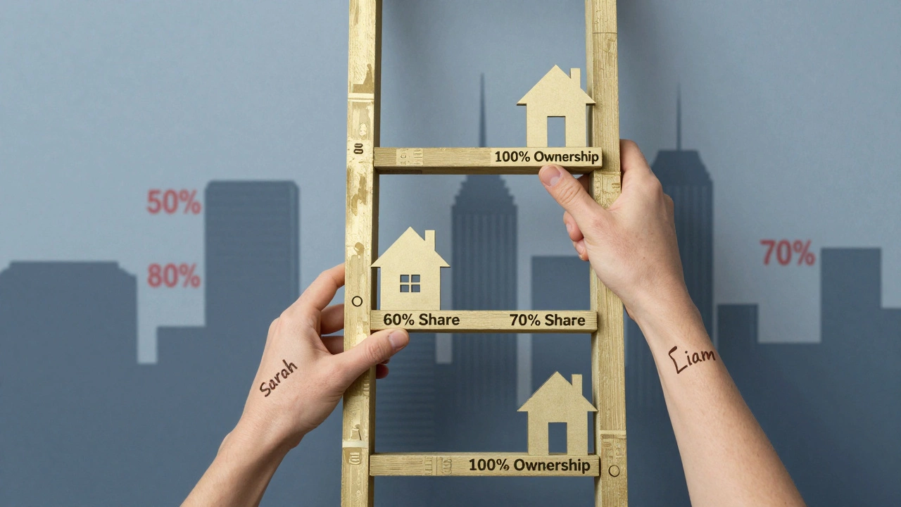 Two hands climbing a ladder of home ownership milestones labeled with share percentages.