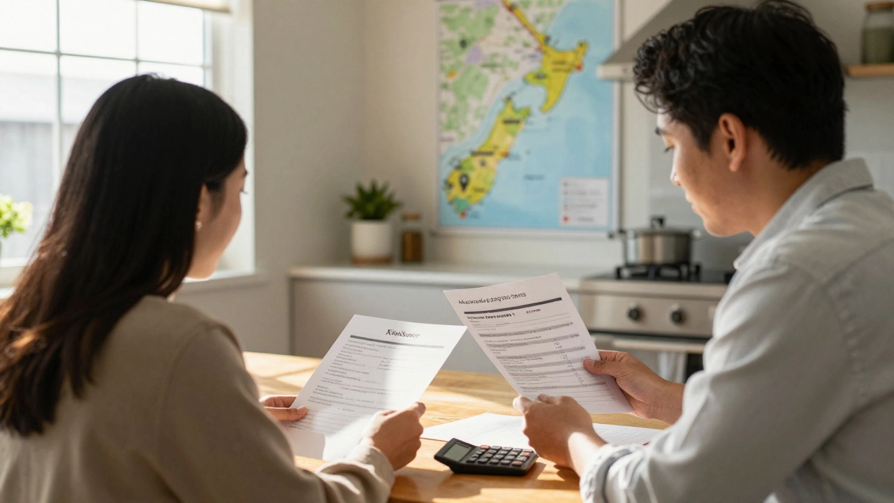 A couple meeting with a mortgage advisor at home, reviewing documents with a regional map on the wall.