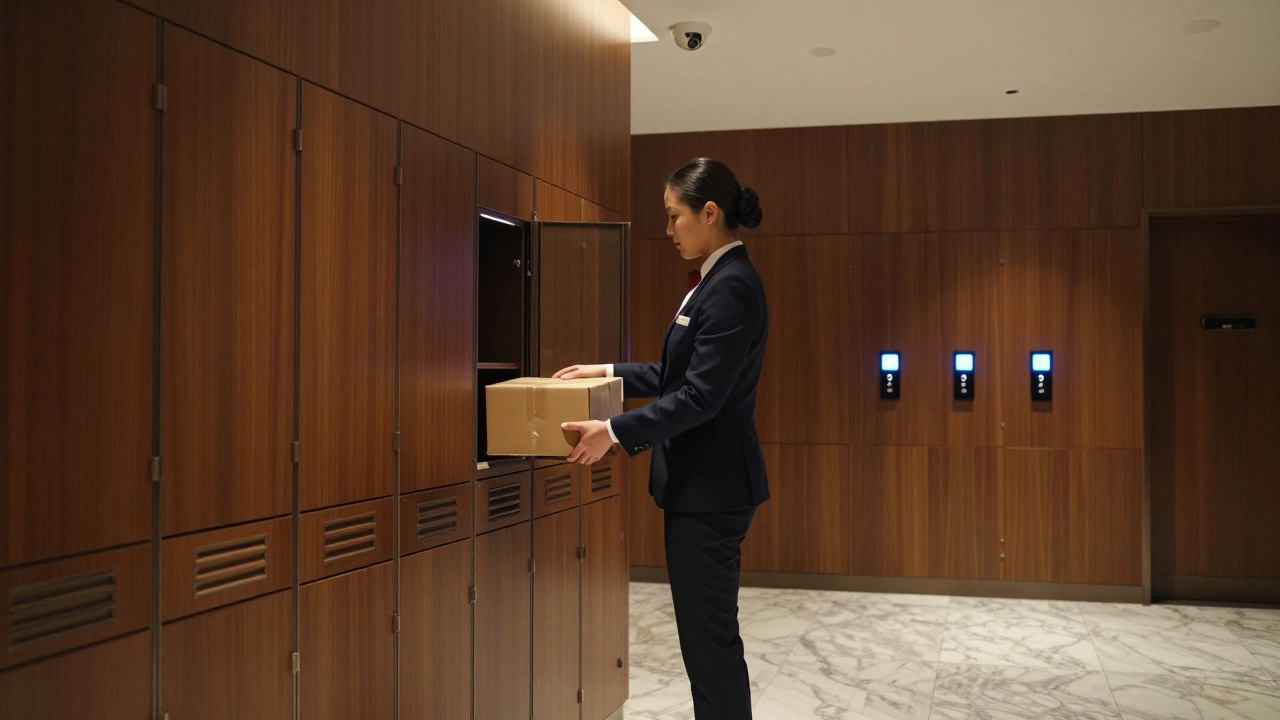 A discreet concierge placing a package in a climate-controlled locker in a modern building lobby.