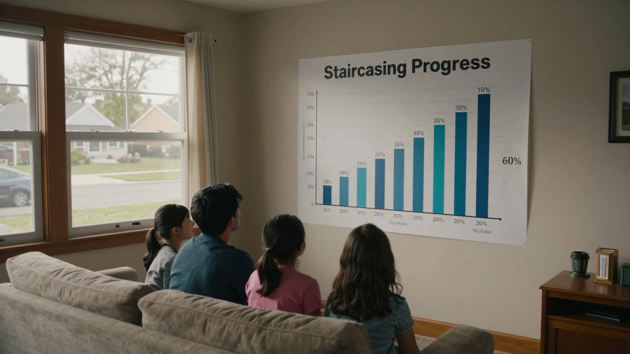 A family examining a wall chart tracking ownership progress from 30% to 100% in a cozy living room.