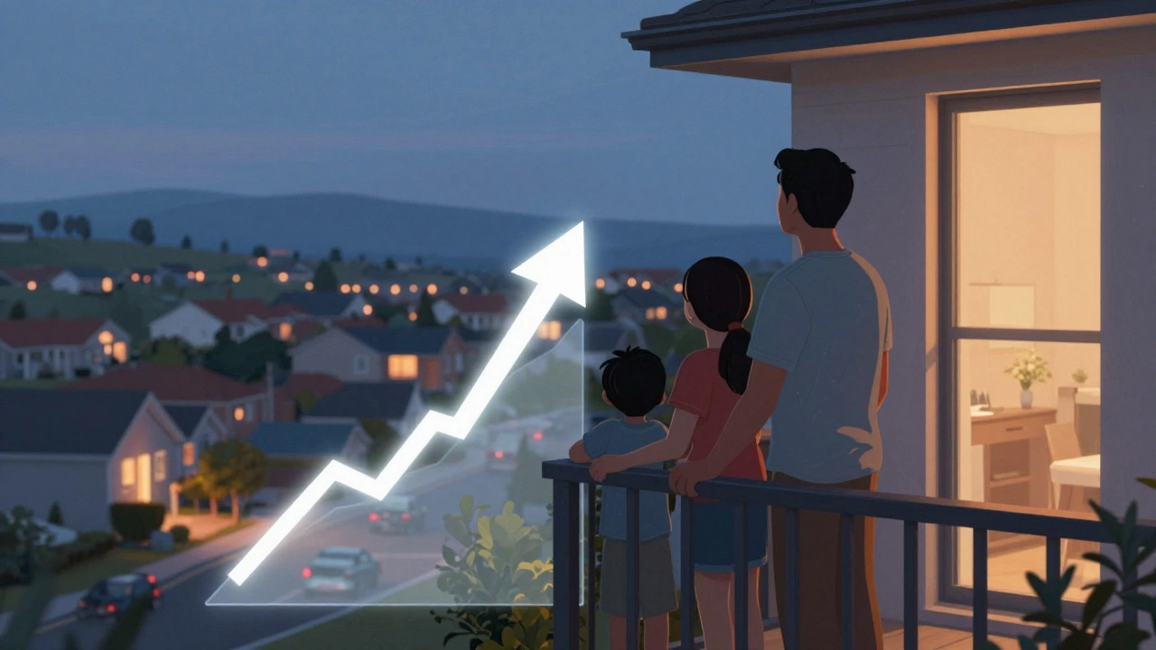 A family stands on a balcony at dusk, overlooking a new neighborhood as financial progress is subtly illustrated.
