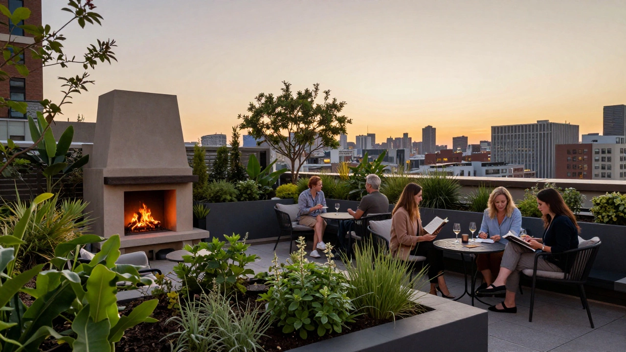 A peaceful rooftop garden at twilight with private seating and a small fireplace.
