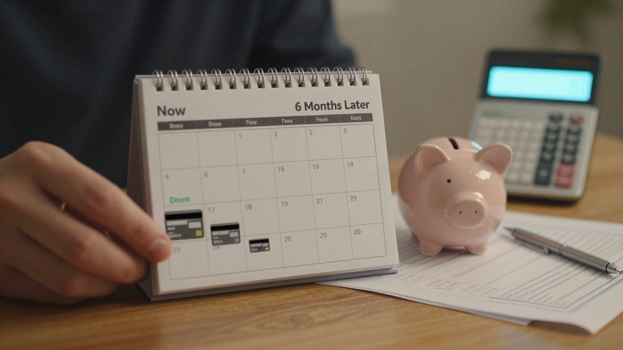 Calendar showing financial progress over six months with debt reduction and savings