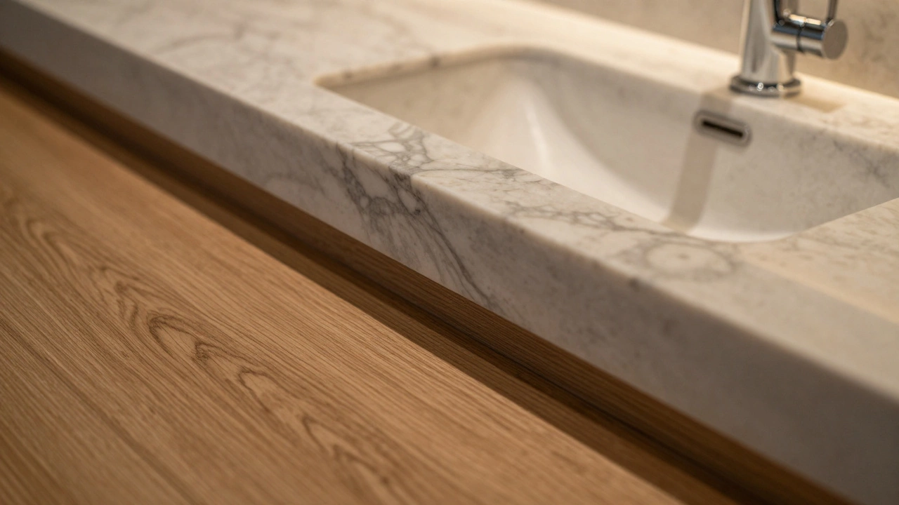 Close-up of premium interior details: hand-sanded oak floor, Vola faucet, and uniquely veined Italian quartz countertop.