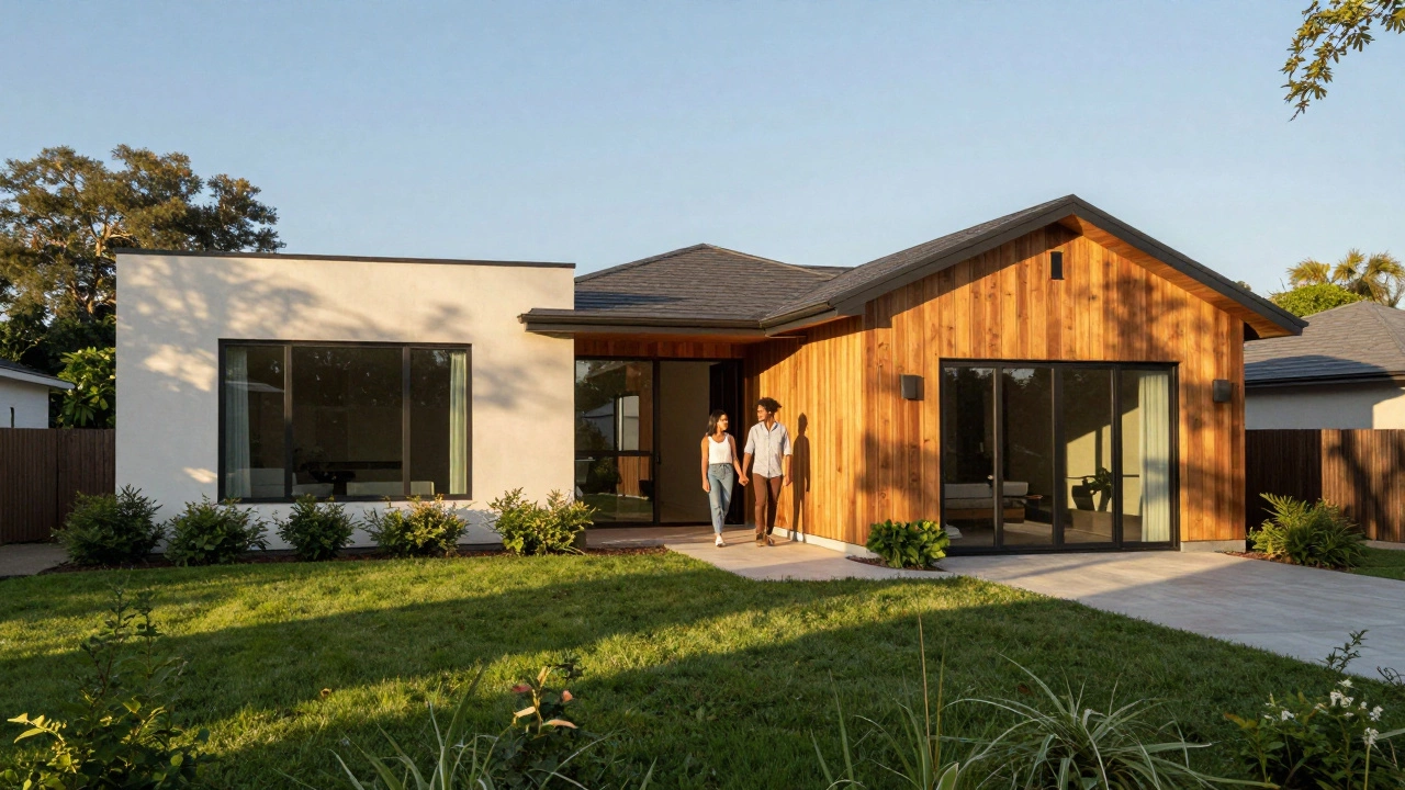 Couple standing outside newly purchased home at sunset