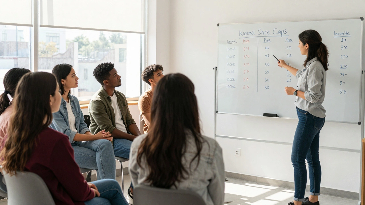 First-time buyers listening to a financial advisor in a community center.