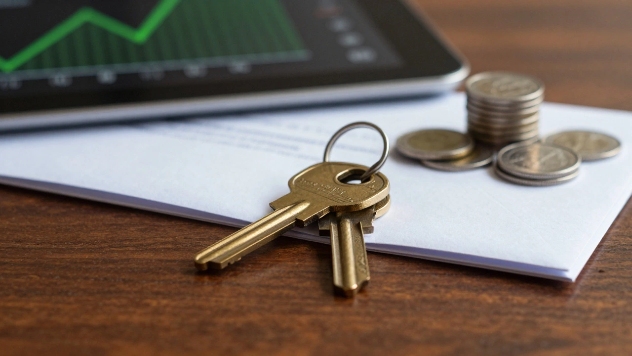 House keys on desk next to documents and coins
