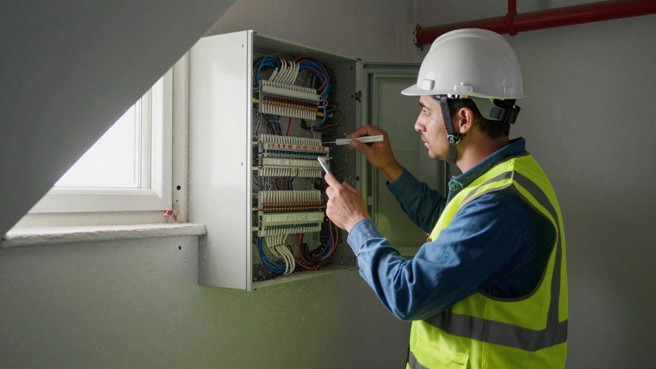 Inspector checking electrical panel for safety