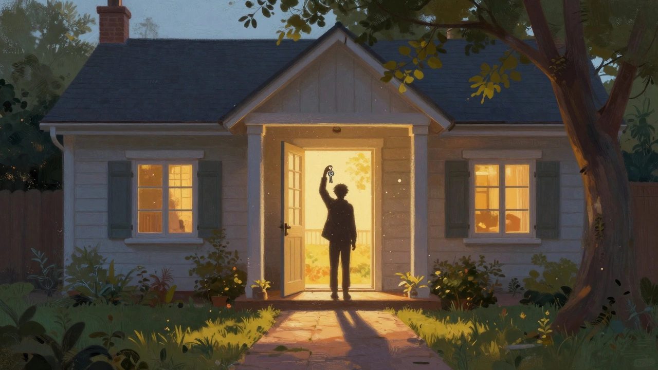 Person holding keys outside a sunlit home entrance