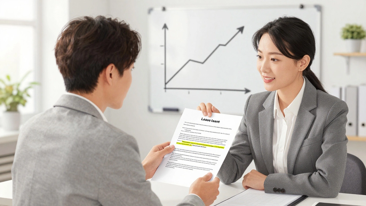 Person reviewing lease details with housing advisor, whiteboard shows equity growth graph in community center office.
