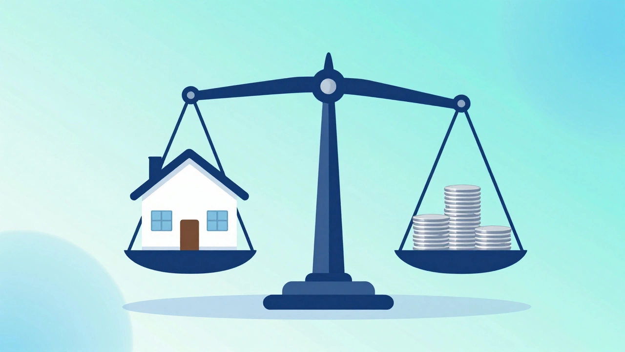 Scale balancing house model and coins