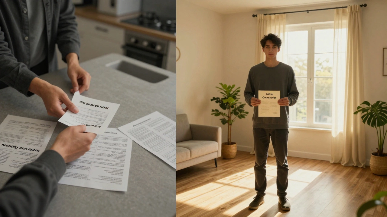 Split image: left shows financial stress, right shows same person years later owning home outright with sunlight flooding room.
