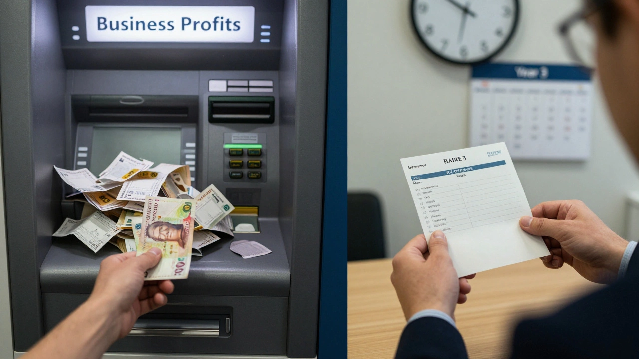 Split scene showing casual cash withdrawal versus receiving a formal payslip with tax deductions.