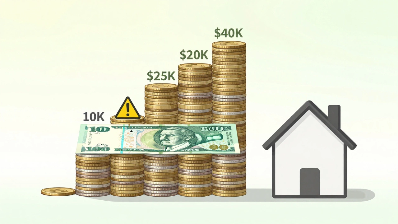 Stack of deposit amounts from ,000 to ,000 beside a house illustration.