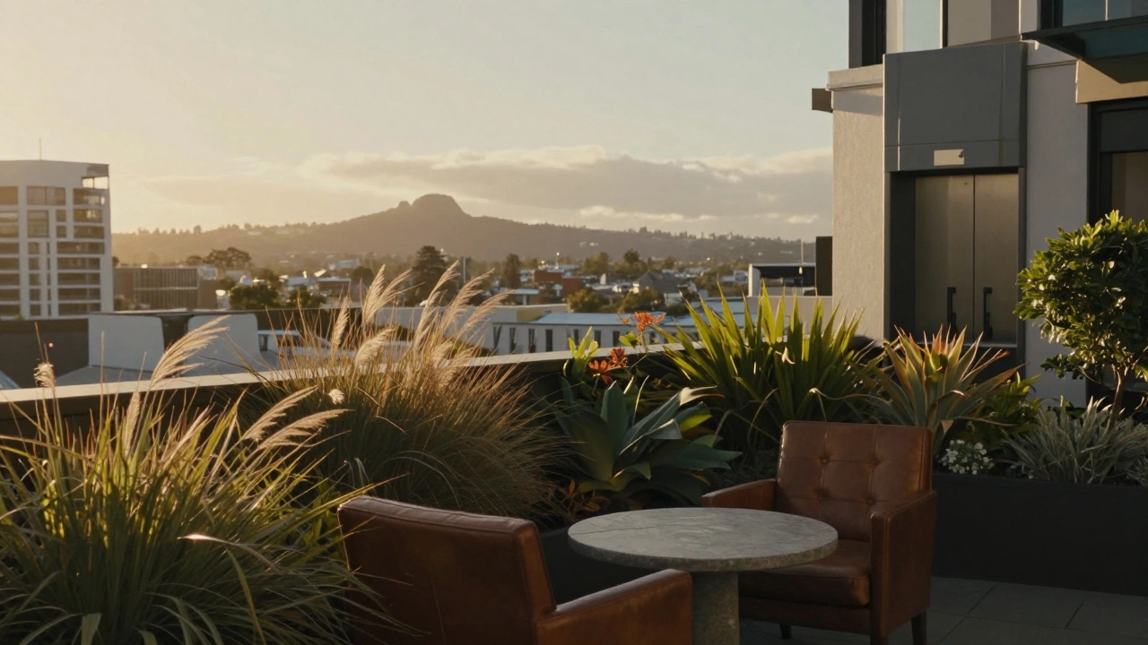 Tranquil rooftop garden with native plants and leather chair, overlooking hills at golden hour, silent elevator in background.