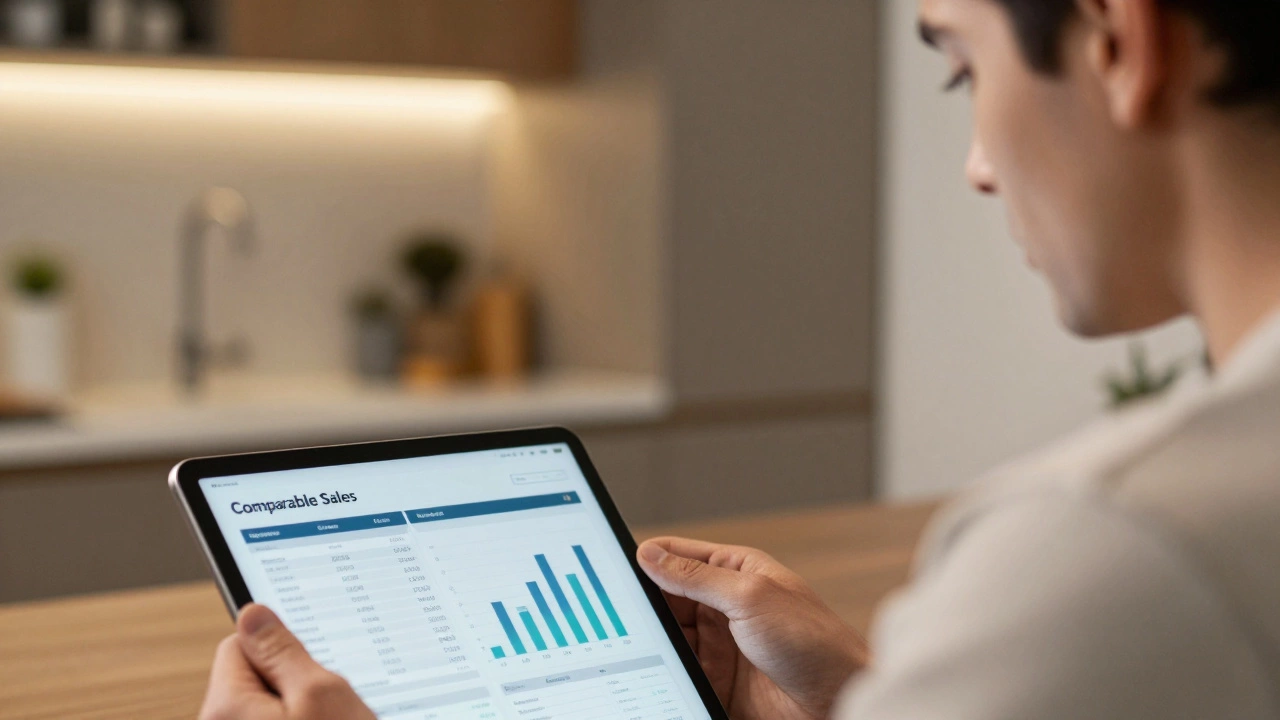 A calm buyer analyzing property market data on a tablet during a home negotiation