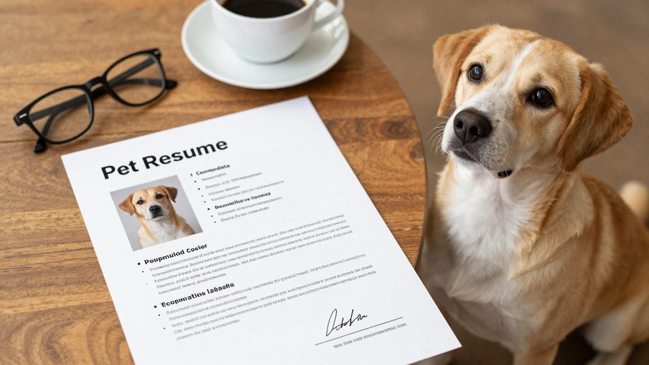 A professional pet resume on a table next to a calmly sitting dog.