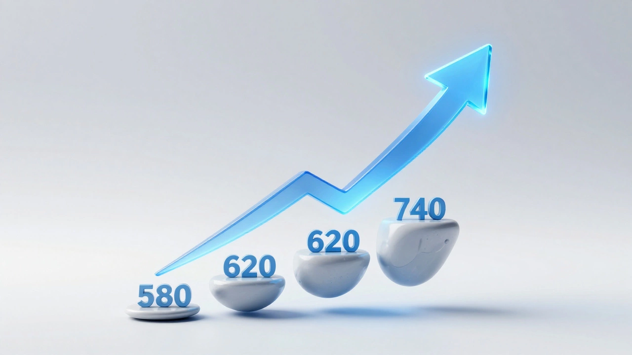 Conceptual 3D arrow rising through credit score milestones from 580 to 740