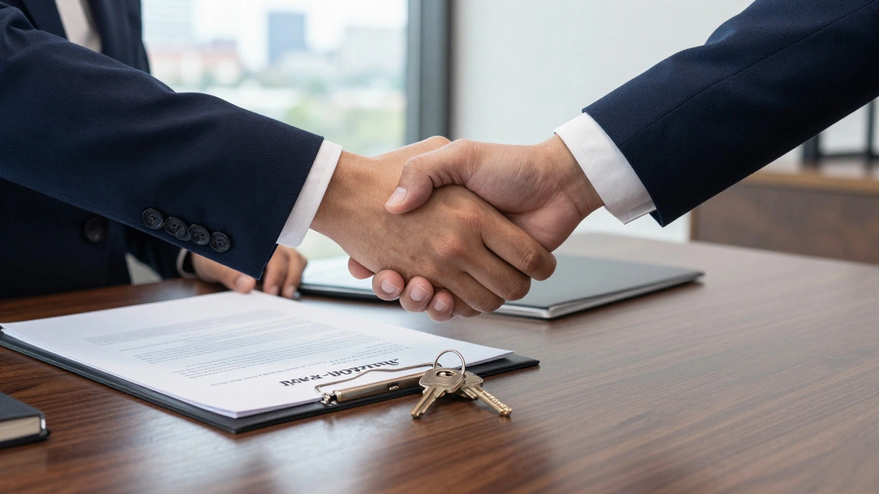 Handshake over a mortgage pre-approval document and house keys
