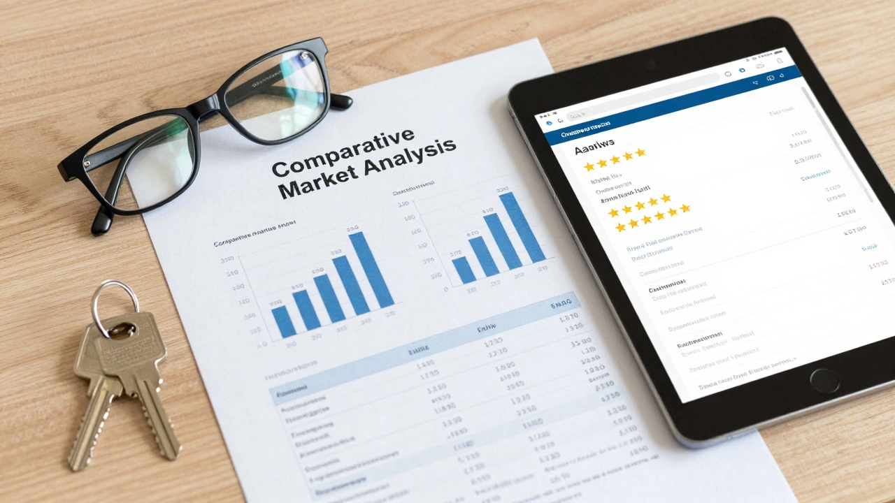 Market analysis report, house keys, and online reviews on a professional wooden desk.