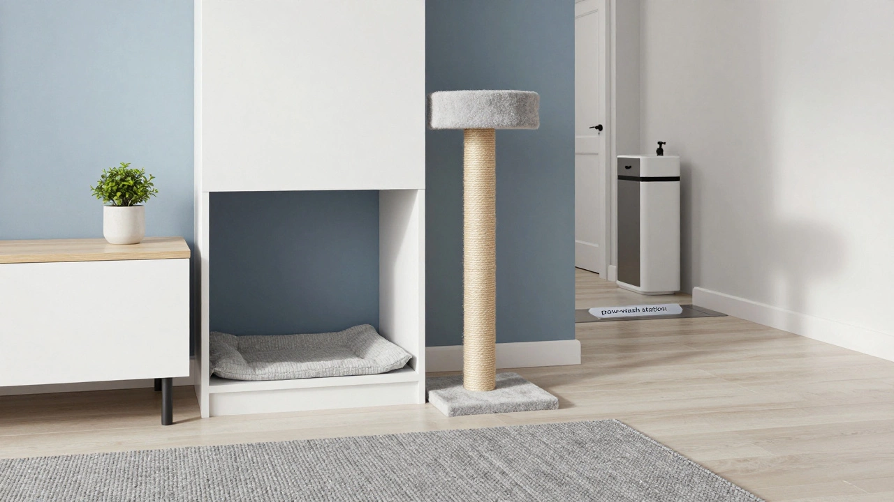 Modern apartment interior featuring integrated pet-friendly design elements.