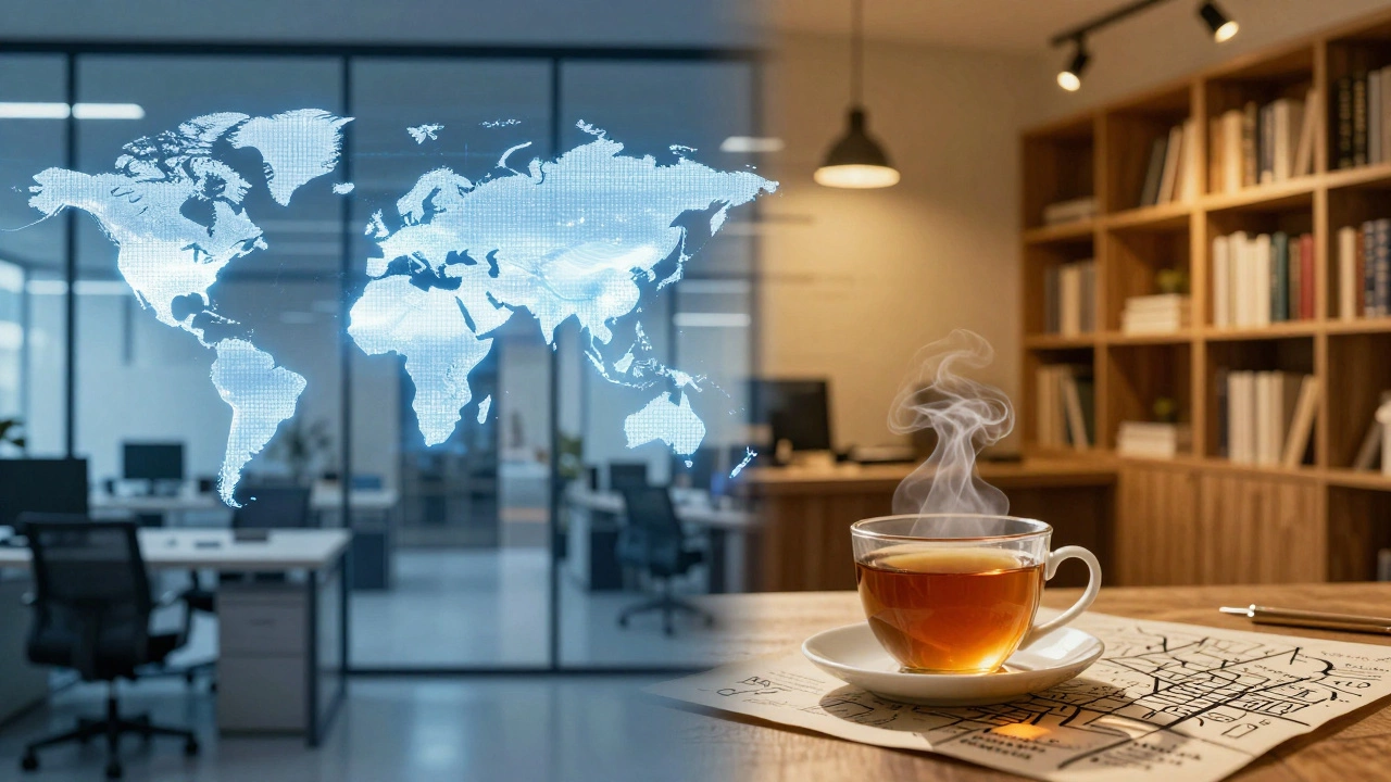 Split screen comparing a corporate global real estate office and a cozy local boutique agency.