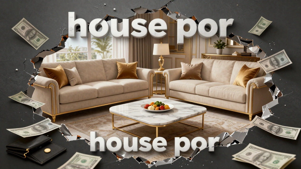 Surreal image of a luxury living room contrasting with financial stress